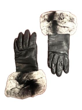 Black Leather Gloves with Real Gray Fur Cuffs